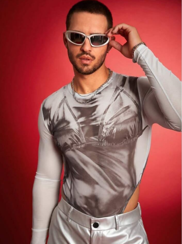 Men's Digital Print Tight Fitting Long Sleeve Bodysuit